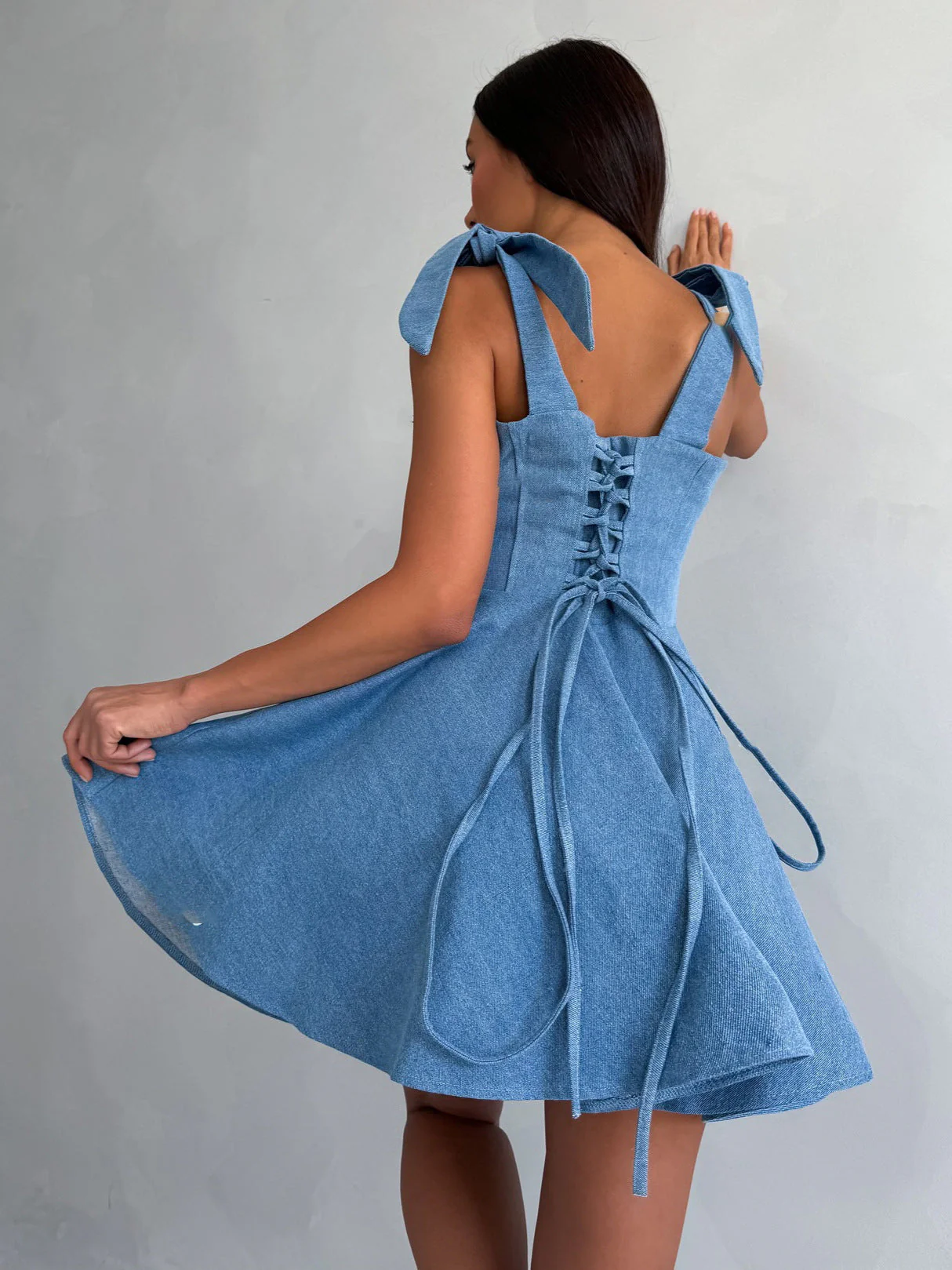 Bella Bow-Tie Denim Mini Dress - Image 5