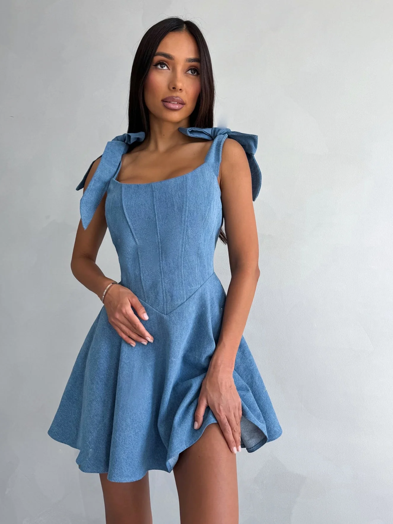 Bella Bow-Tie Denim Mini Dress - Image 6