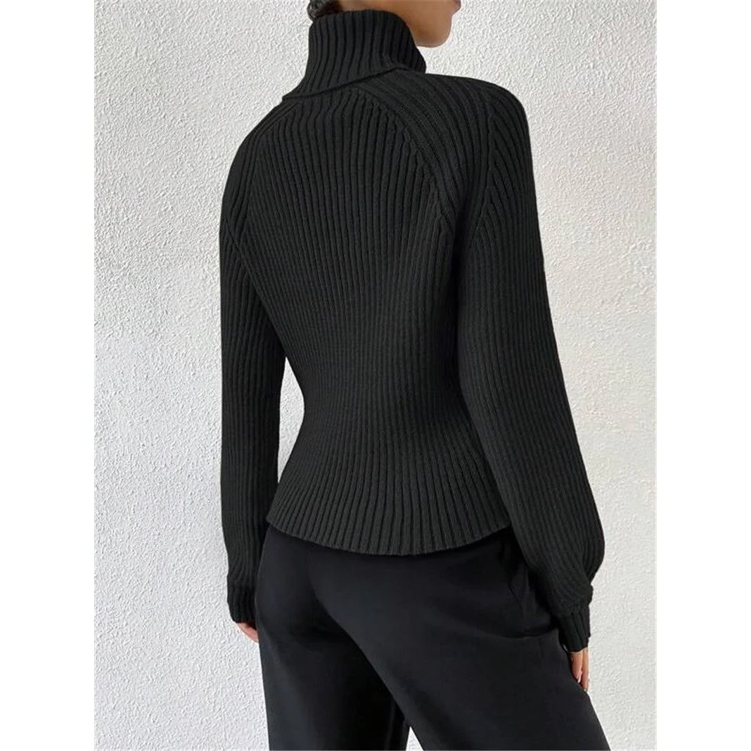 Loose Slim High Collar Knitted Sweater - Image 3