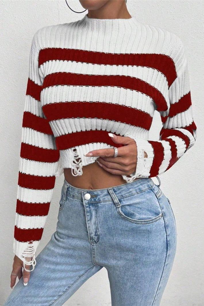 Round Neck Short Striped Sweater - Image 3