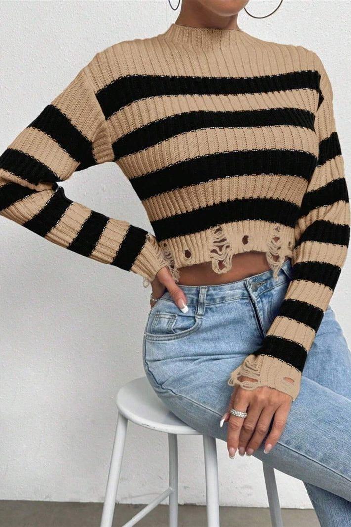 Round Neck Short Striped Sweater - Image 6