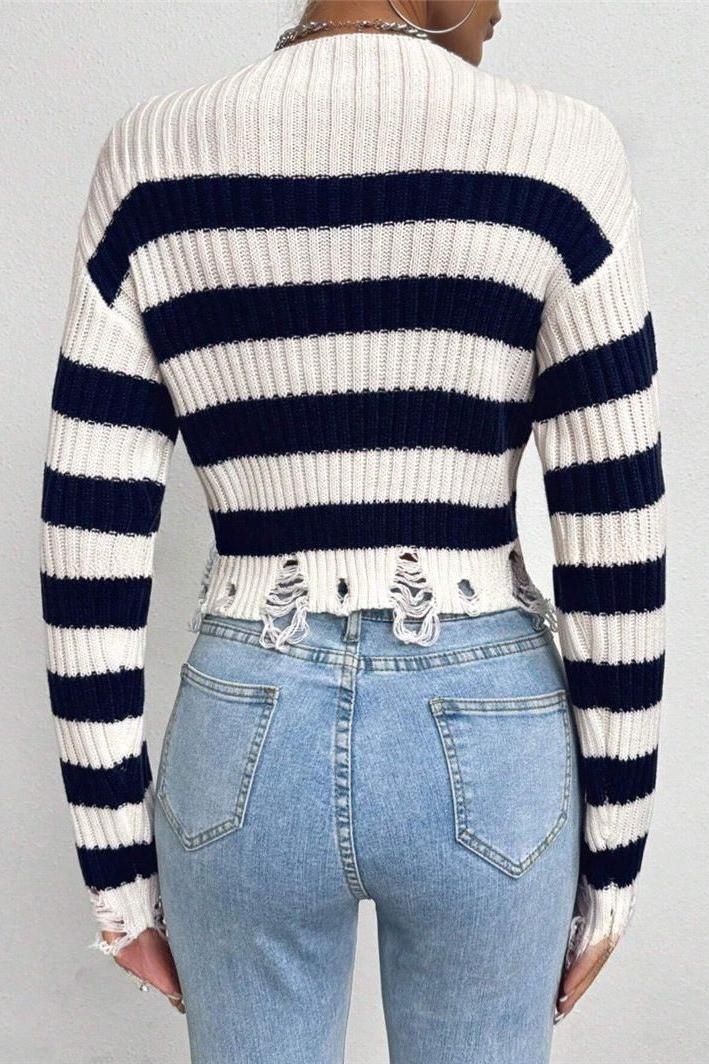 Round Neck Short Striped Sweater - Image 7