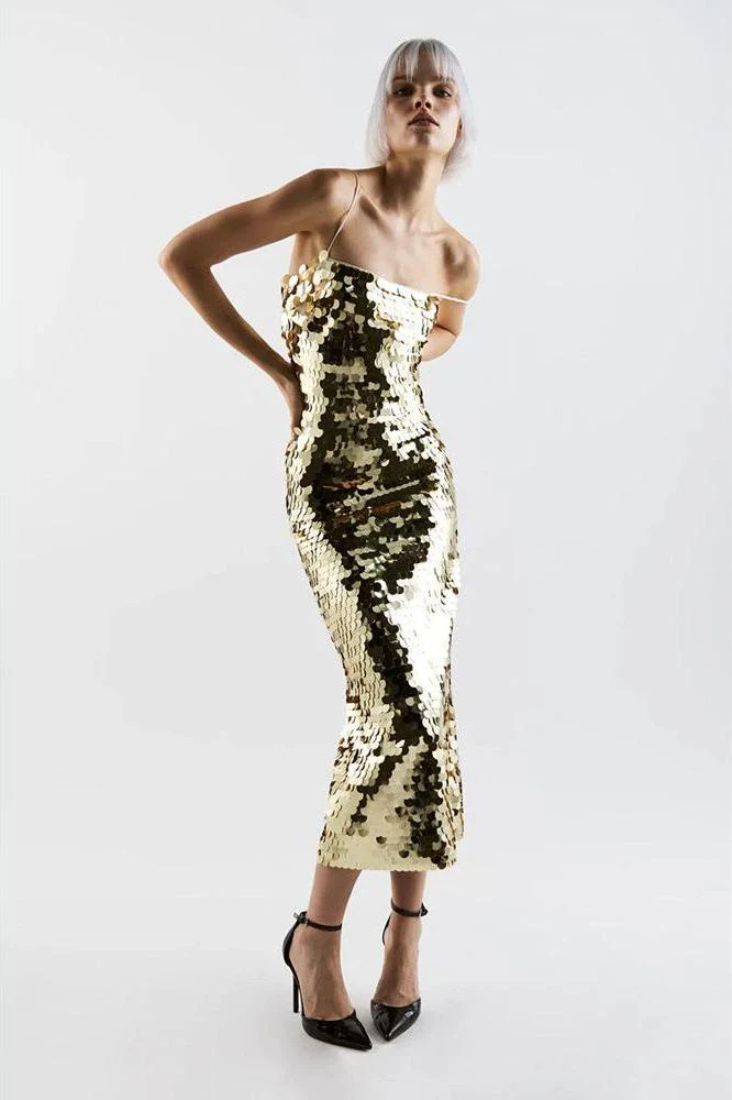 Glittering Tube Top Gold Backless Maxi Dress - Image 3