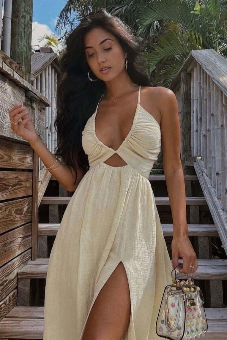 Beige Chest Wrap summer Dress - Image 2