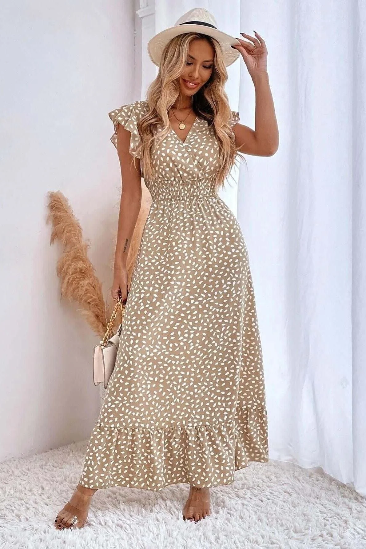 V-Neck Ruffle Sleeve High Waist Dress - Image 2