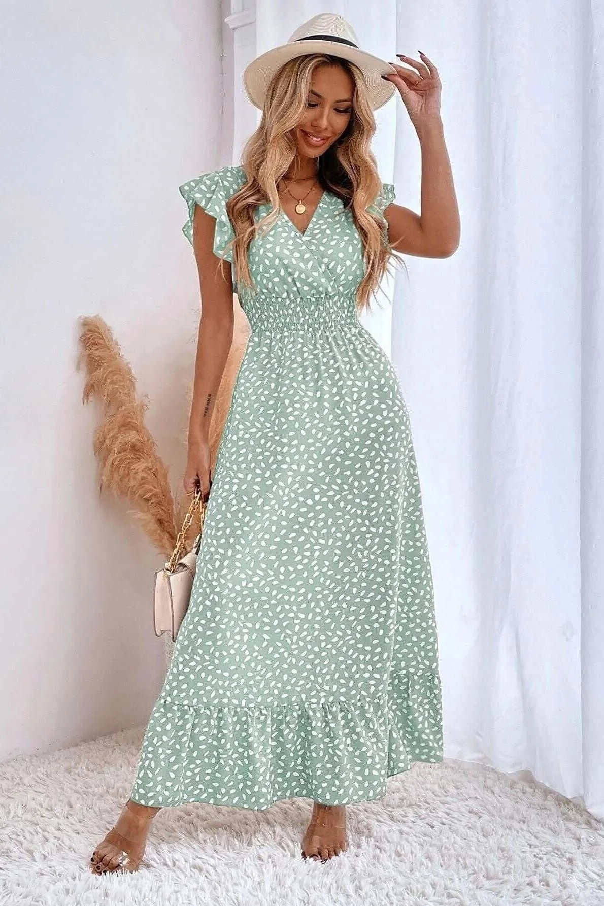 V-Neck Ruffle Sleeve High Waist Dress - Image 3