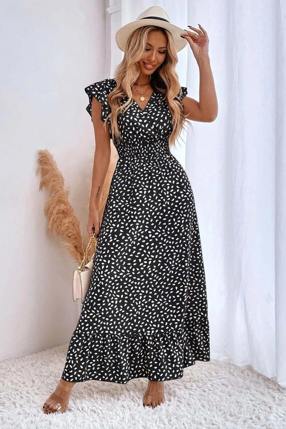 V-Neck Ruffle Sleeve High Waist Dress - Image 4