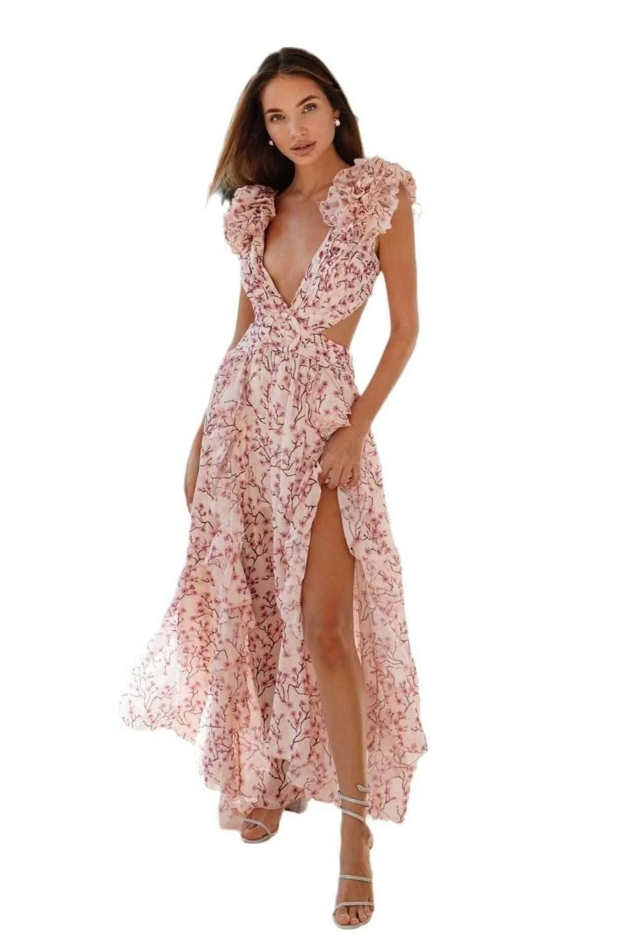 Deep V Ruffled Floral Midi Dress - Image 4
