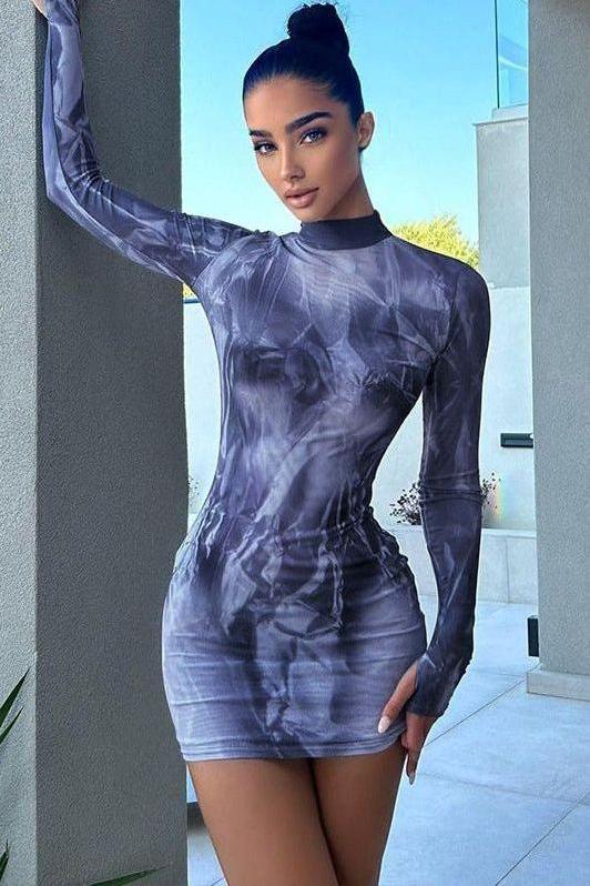 Printed slim round neck hip dress - Image 4