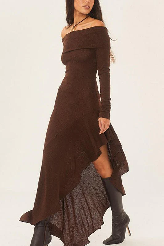 Off-shoulder irregular ruffled slim long dress - Image 2