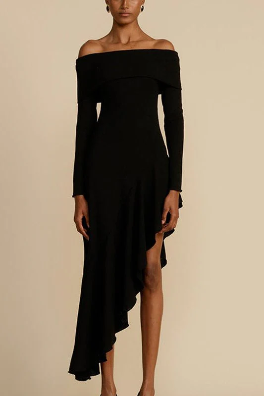 Off-shoulder irregular ruffled slim long dress - Image 4