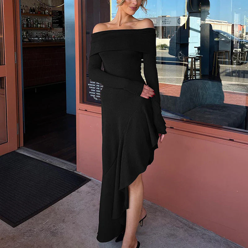 Off-shoulder irregular ruffled slim long dress - Image 5