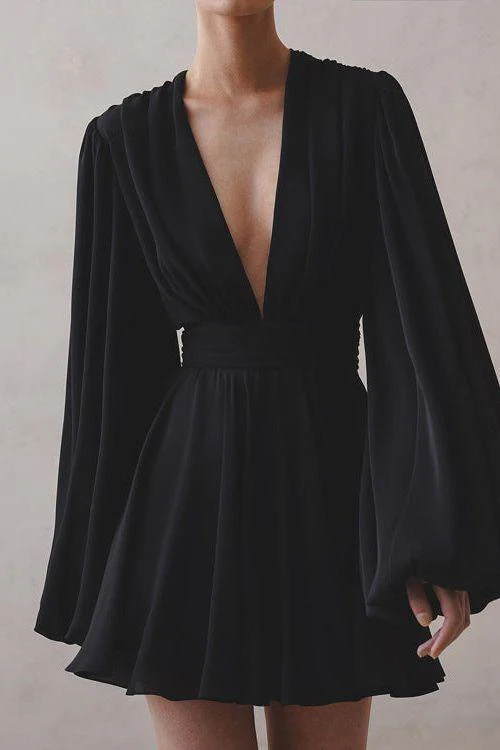 Puff sleeve V-neck short black dress - Image 2