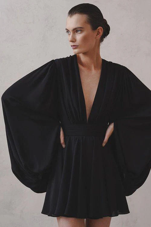 Puff sleeve V-neck short black dress - Image 3