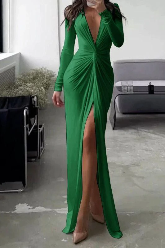 Sexy Slit V Neck Long Sleeve Bodycon Pleated Dress - Image 10