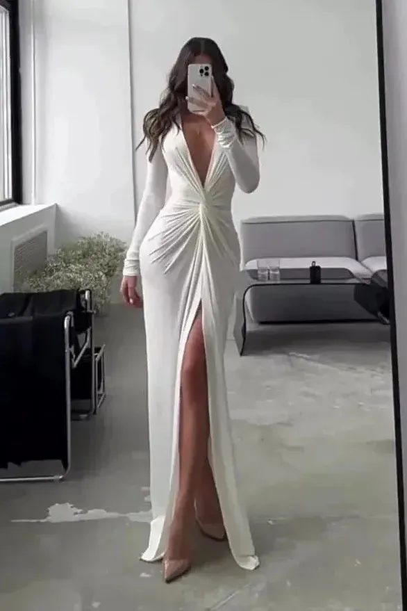 Sexy Slit V Neck Long Sleeve Bodycon Pleated Dress - Image 3
