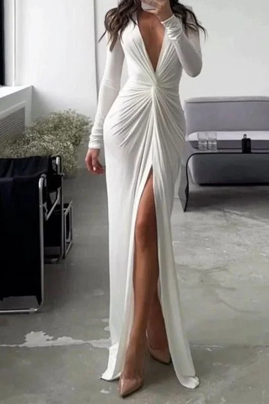 Sexy Slit V Neck Long Sleeve Bodycon Pleated Dress - Image 4
