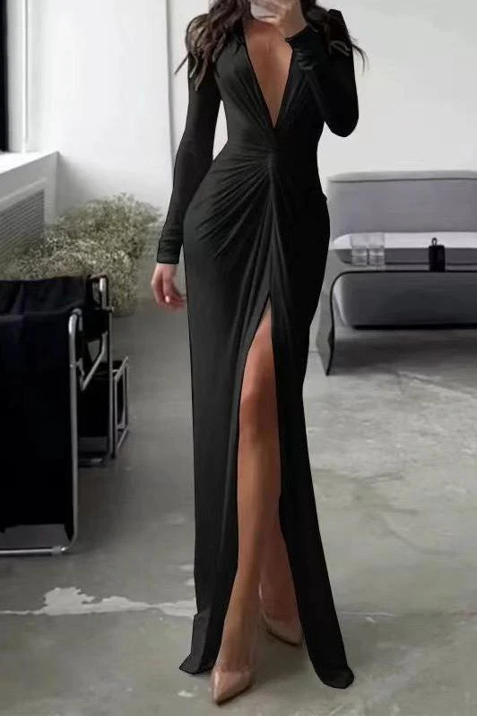 Sexy Slit V Neck Long Sleeve Bodycon Pleated Dress - Image 7