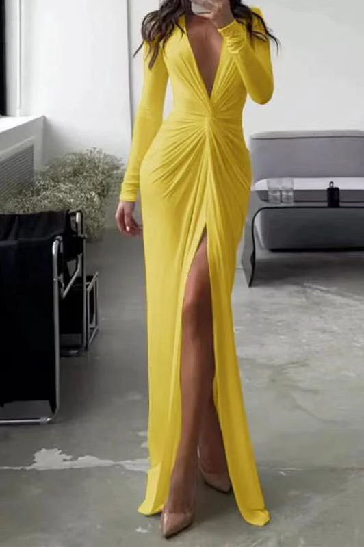 Sexy Slit V Neck Long Sleeve Bodycon Pleated Dress - Image 8