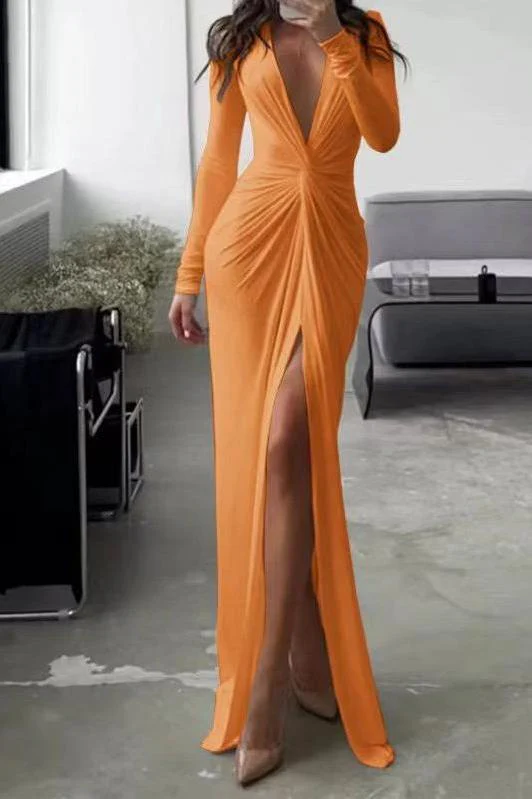 Sexy Slit V Neck Long Sleeve Bodycon Pleated Dress - Image 9