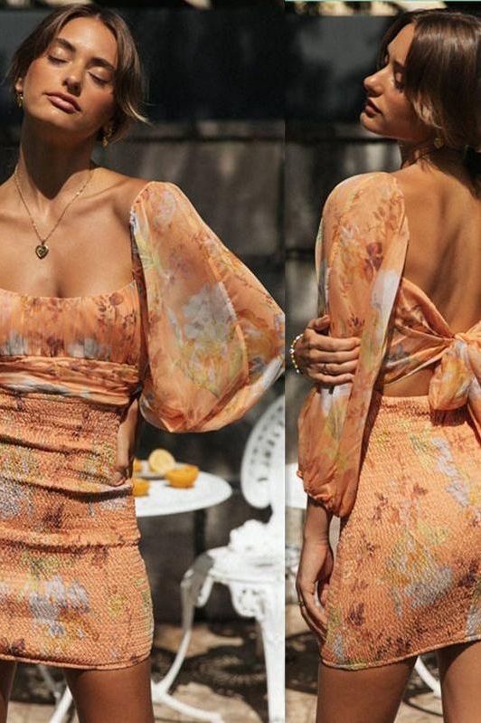 Lantern Sleeves Open Back Dress - Image 4