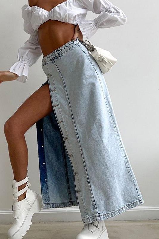 American retro slit denim long skirt - Image 2