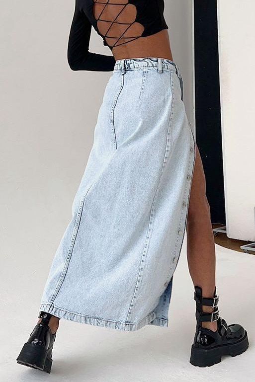 American retro slit denim long skirt - Image 3