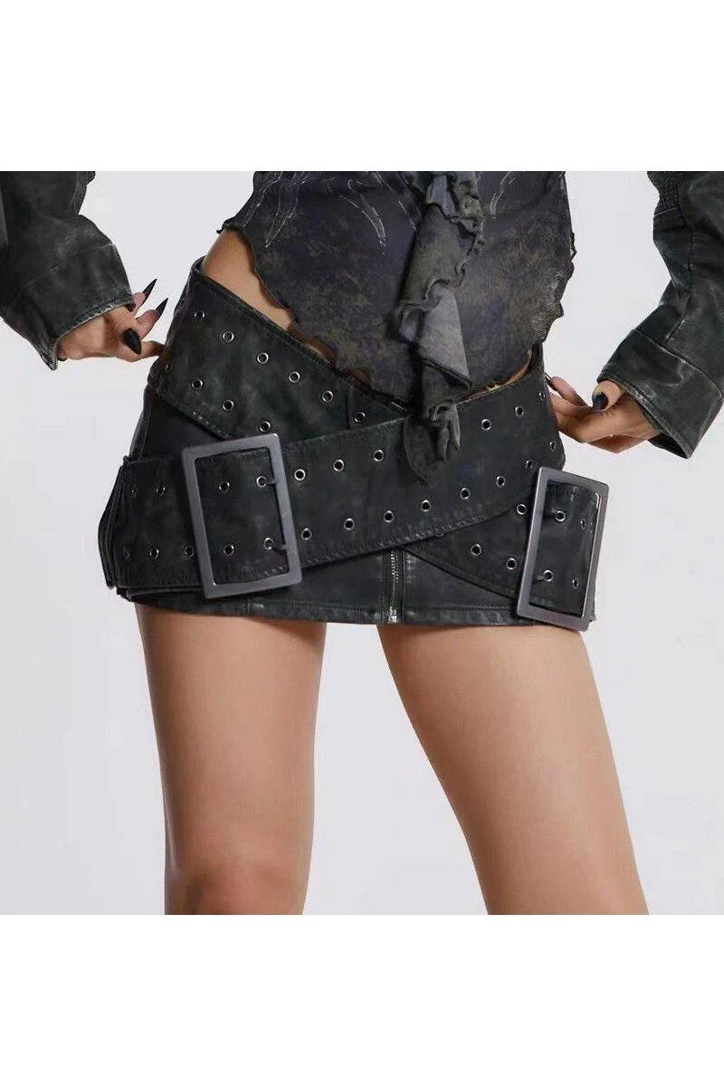 Washed old PU leather double-breasted skirt - Image 2