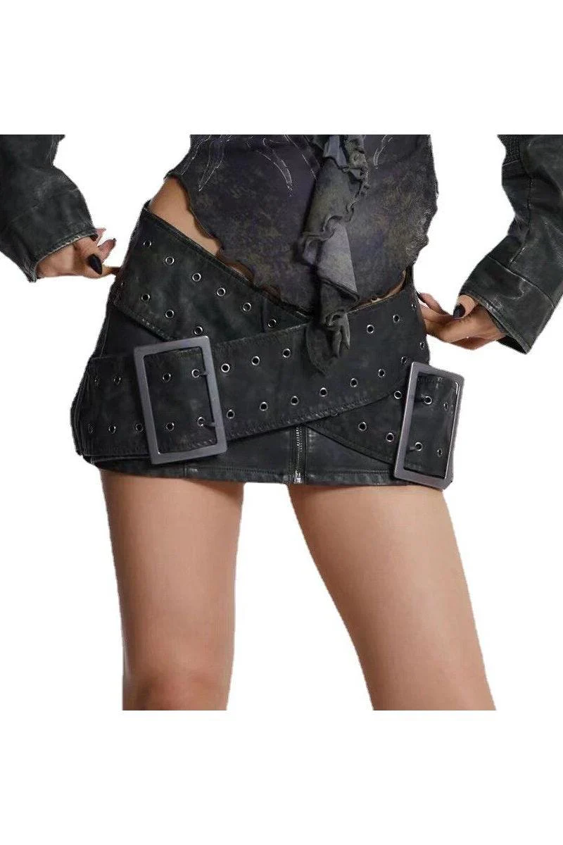 Washed old PU leather double-breasted skirt - Image 6