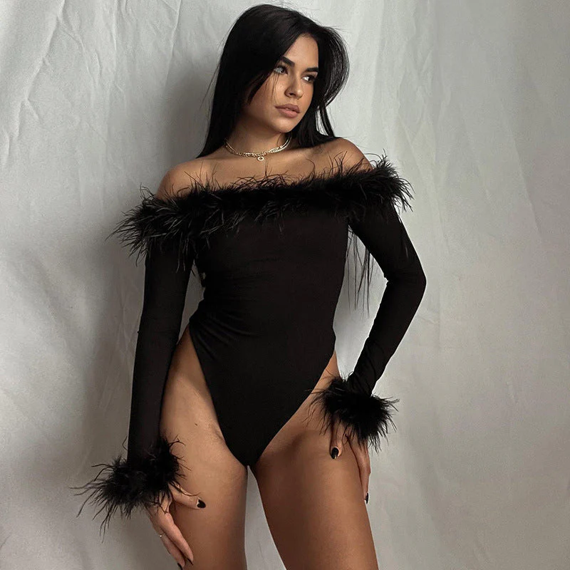 Sexy Slim Hairy One-shoulder Long-sleeved bodysuit - Image 2