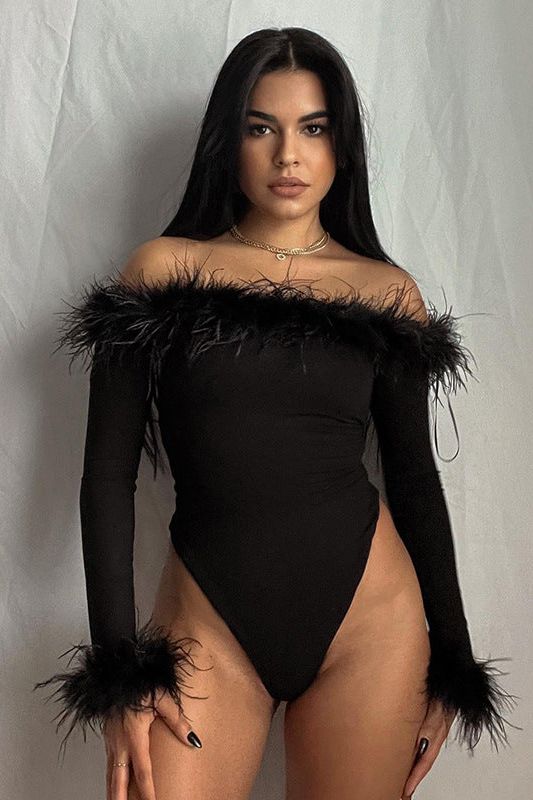 Sexy Slim Hairy One-shoulder Long-sleeved bodysuit - Image 3