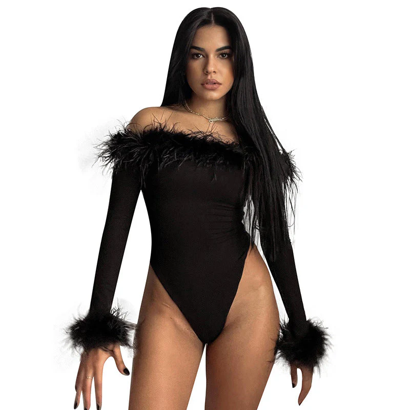 Sexy Slim Hairy One-shoulder Long-sleeved bodysuit - Image 4