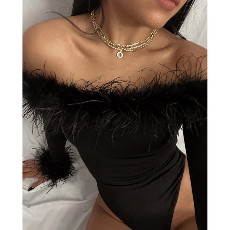 Sexy Slim Hairy One-shoulder Long-sleeved bodysuit - Image 5