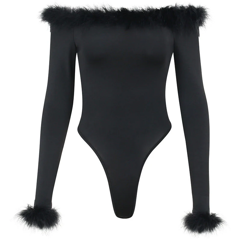 Sexy Slim Hairy One-shoulder Long-sleeved bodysuit - Image 6