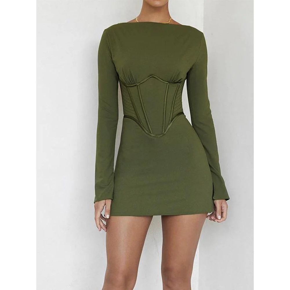 Long-sleeved fish bone waist slim backless dress - Image 2