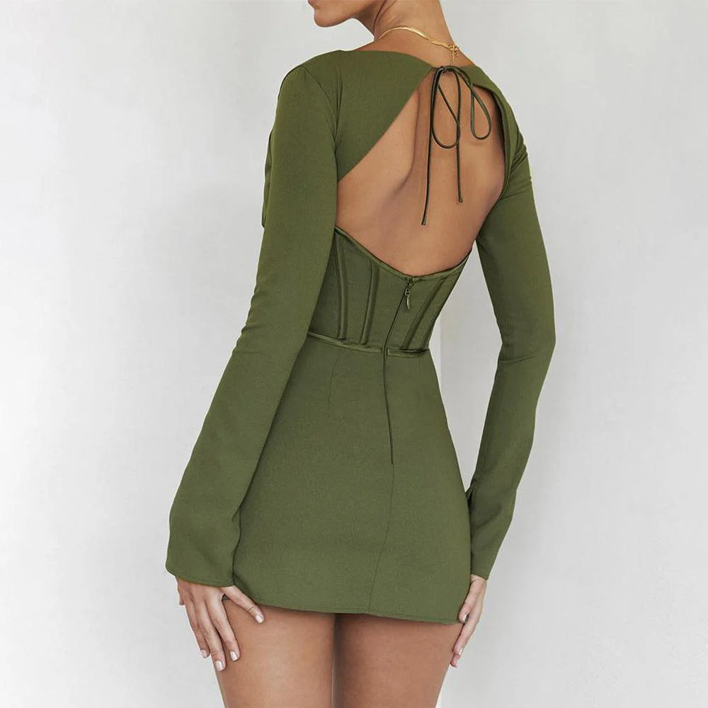 Long-sleeved fish bone waist slim backless dress - Image 5