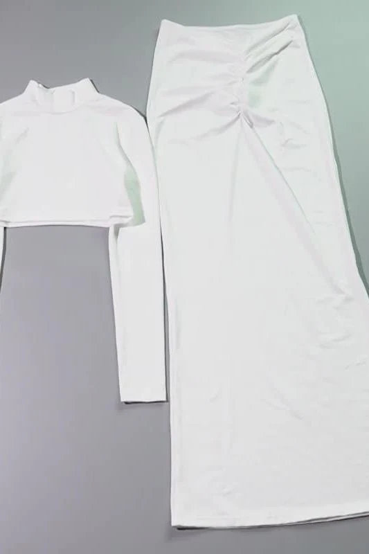 Casual Long Sleeve Stand Collar Long Skirt Suit - Image 5