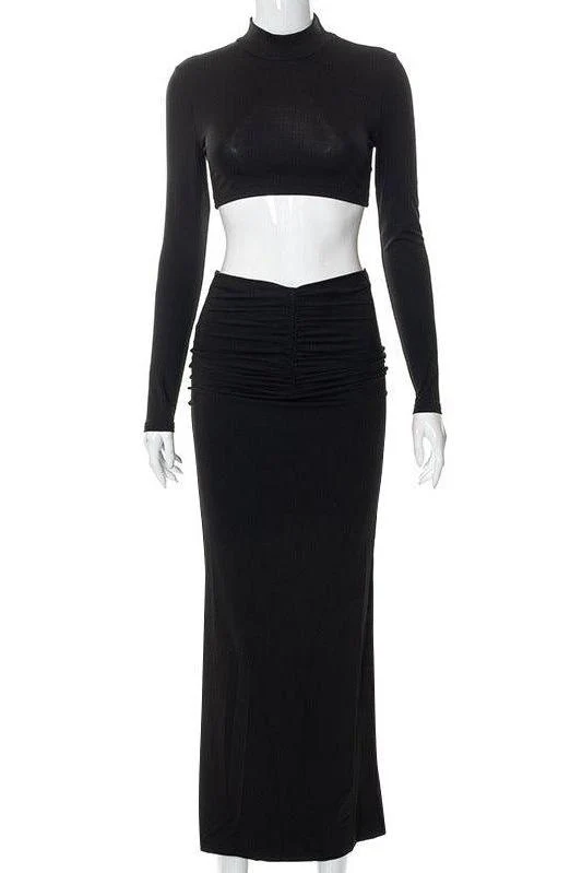 Casual Long Sleeve Stand Collar Long Skirt Suit - Image 6