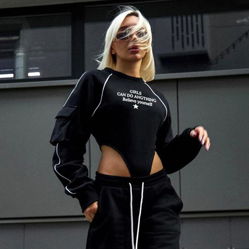 Black Bodysuit with sleeve pocket and raglan print