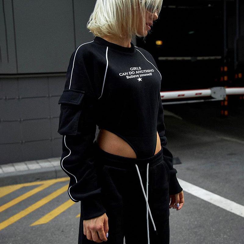 Black Bodysuit with sleeve pocket and raglan print - Image 3