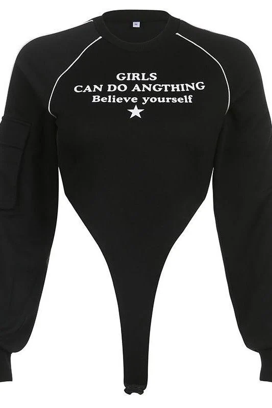 Black Bodysuit with sleeve pocket and raglan print - Image 4