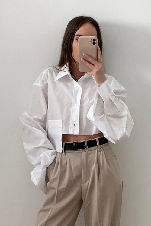Cropped navel short white shirt - Image 3