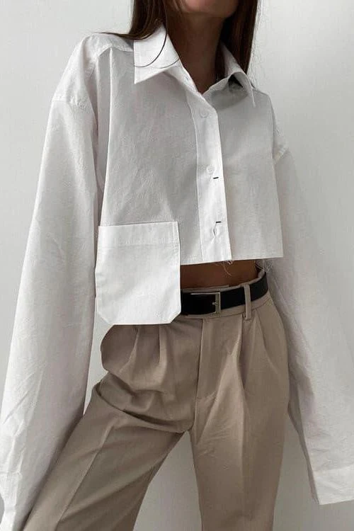 Cropped navel short white shirt - Image 4