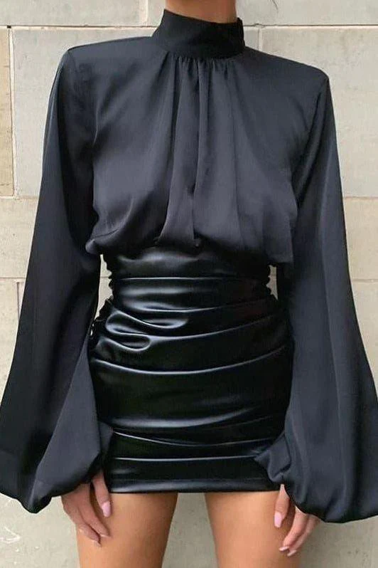 high collar loose navel lantern sleeve top - Image 2