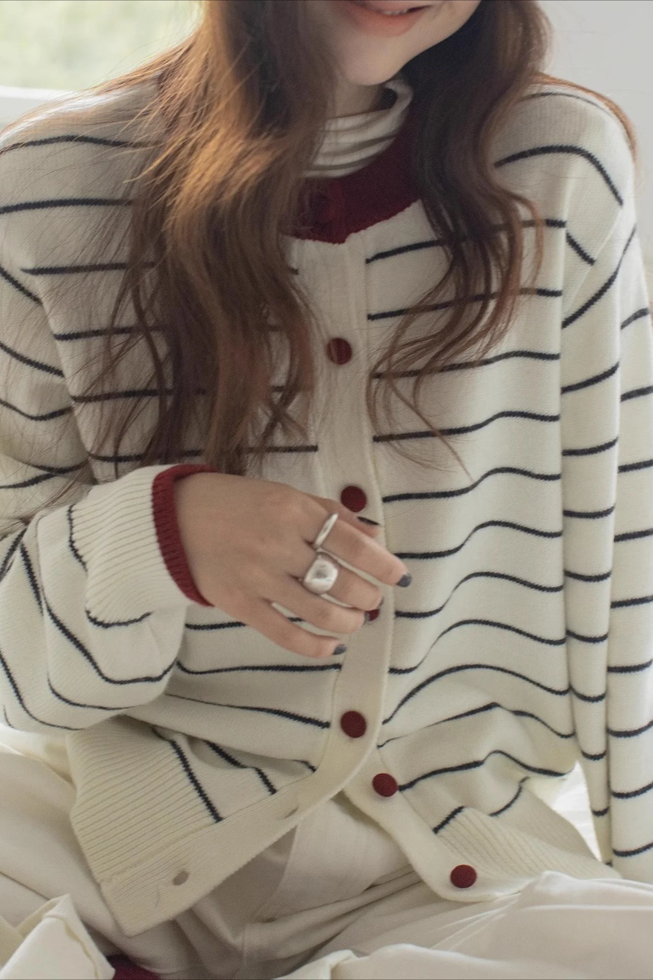Color Block Stripe Crew Neck Embroidered Cardigan - Image 2