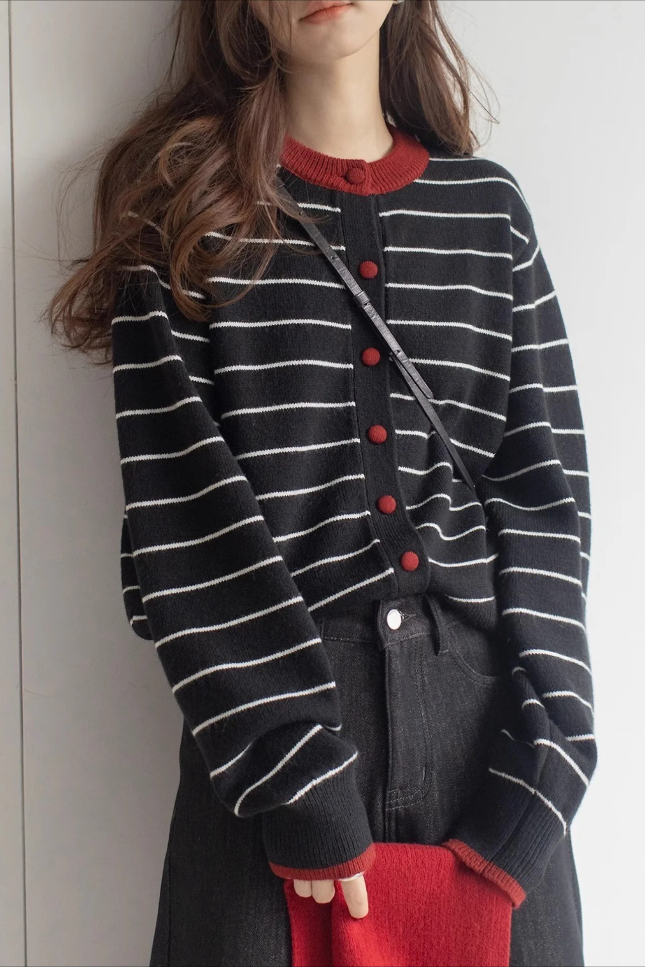 Color Block Stripe Crew Neck Embroidered Cardigan - Image 3