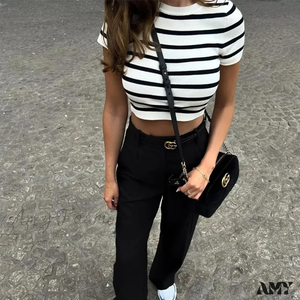 Crop Knit Striped Autumn Winter Short Sleeve Crop Top - Image 2