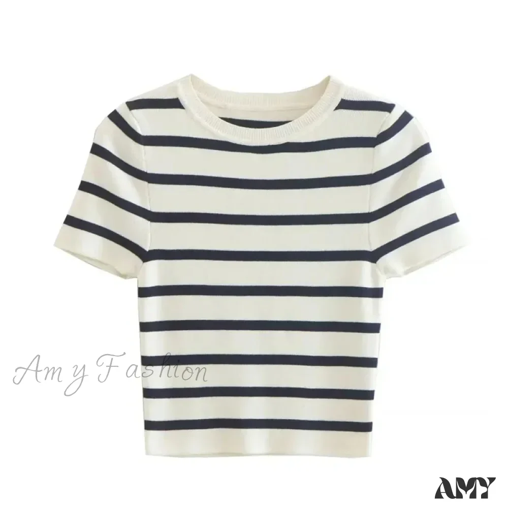 Crop Knit Striped Autumn Winter Short Sleeve Crop Top - Image 3