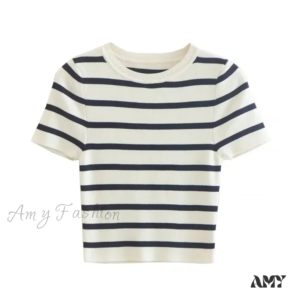Crop Knit Striped Autumn Winter Short Sleeve Crop Top - Image 4