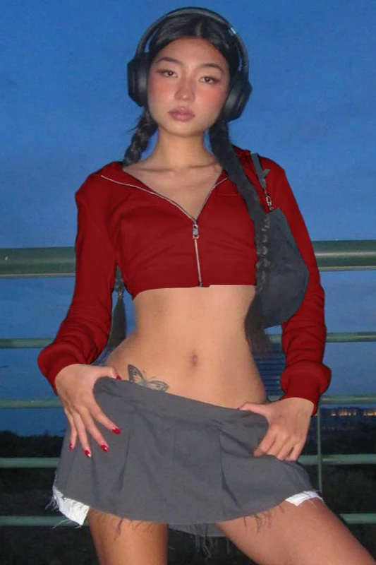Crop Top Slim Fit Zip-Up Cardigan Hoodie - Image 7